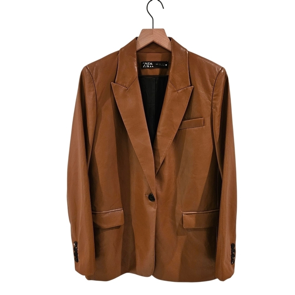 Zara Brown Faux Lether Oversized Blazer Jacket